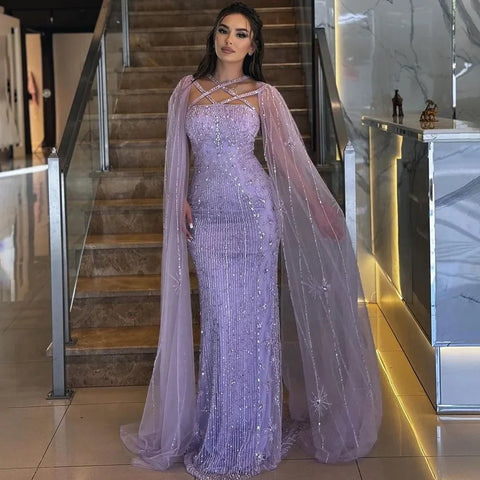 Caramel Elegant Cape Sleeves Beaded Mermaid Luxury Dubai Evening Dresses Gowns For Women Wedding Party 2025 LA71905B