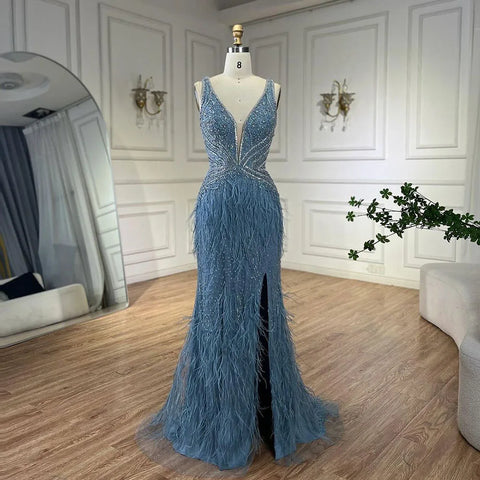 Gold Sexy High Split Mermaid Evening Dresses Gowns Backless Luxury Beaded Feather 2025 For Women Party LA71583