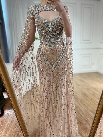 2025 Nude Mermaid Evening Dress with Beaded Crystal Removable Cape Sleeves Gown for Formal Occasion LA72539