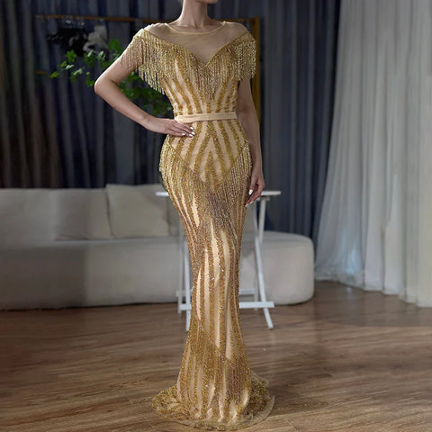 En oferta, sin devoluciones ni reembolsos. Vestidos de noche de sirena dorados de lujo sin mangas, elegantes vestidos de noche brillantes LA6543