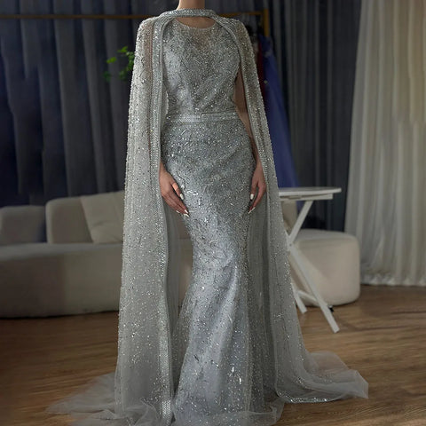 2025 Luxury Dubai Gray Arabic Mermaid Beaded Evening Gowns with Detachable Long Cape for Women's Party LA72180