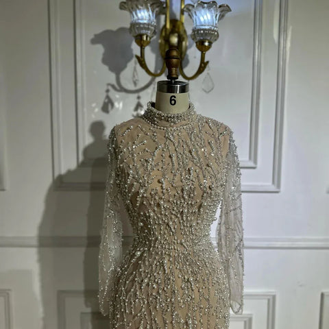 2025 Saudi Arabic Luxury Pearls Beaded Nude Mermaid Evening Gown for Formal Occasion LA72345A