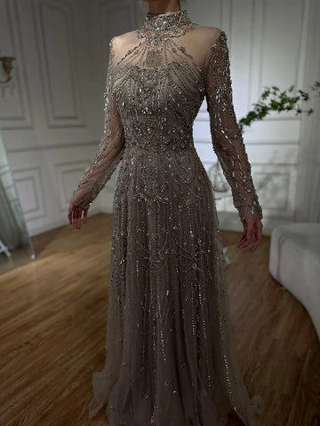 2025 Arabic A-Line Blue Lace Beaded Luxury Evening Gowns for Women's Party Dubai LA72704