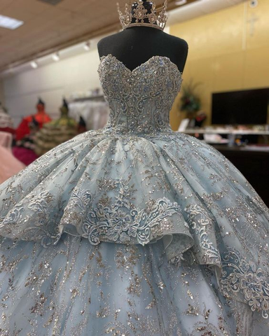 Robe de bal sans manches à fleurs bleu fumé faites main, ornée d'appliqués, pour les 16 ans (Y6294)