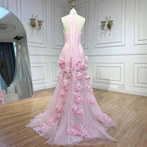 Elegant Evening Dress for Girls Arabic Pink 3D Flowers Elegant Srapless Dress Side Split Prom Party Gowns LA72568