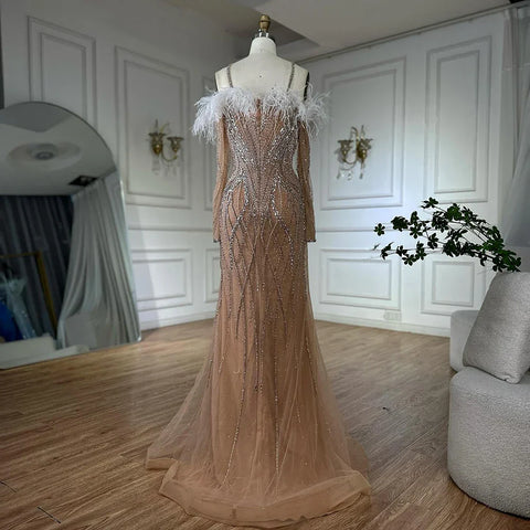 2025 Blue Feather Beaded Luxury Mermaid Evening Dresses Gowns for Women Formal Occasion LA72836