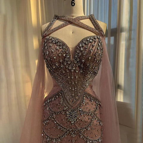 2025 Nude Cape Sleeves Beaded Crystal Arabic Evening Dresses Gowns For Women Wedding Party LA72806