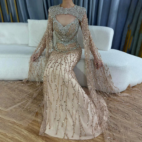 2025 Nude Mermaid Evening Dress with Beaded Crystal Removable Cape Sleeves Gown for Formal Occasion LA72539