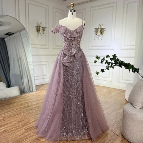 Golden Mermaid Evening Dress With Skirt - Women's Luxury Grey Beaded Spaghetti Strap Party Dress 2025 LA72341