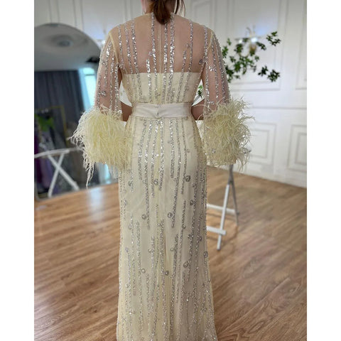 Robe de soirée style caftan marocain, ligne A, plumes et perles, couleur crème, avec veste, LA71759 