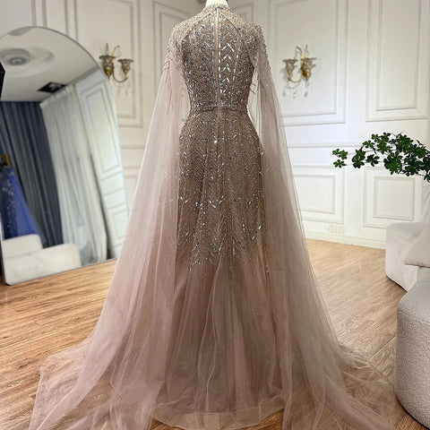 Blue Beaded A-Line Evening Dress Gown with Cape Sleeves LA72728