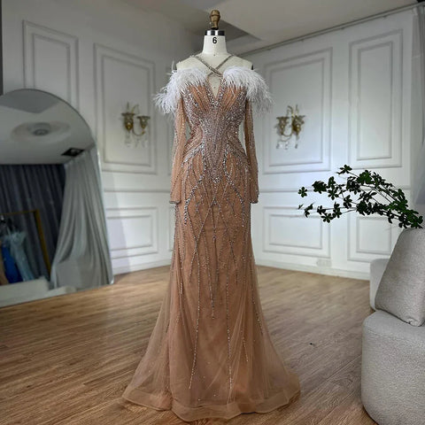 2025 Blue Feather Beaded Luxury Mermaid Evening Dresses Gowns for Women Formal Occasion LA72836