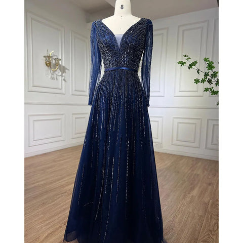 Muslim Navy Long Sleeves A-line Beaded Evening Dresses Forml Occasion Party Gowns For Women LA72019