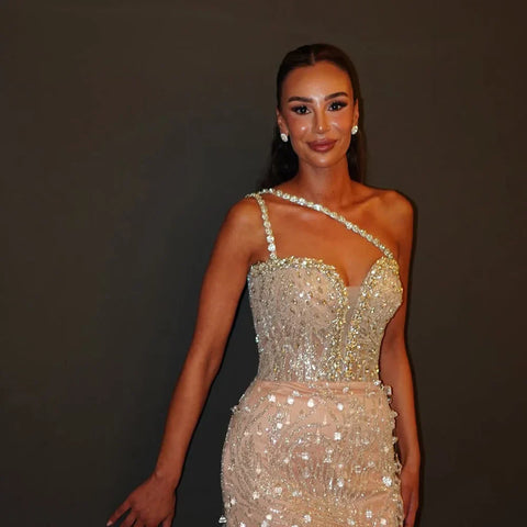 2025 Nude Beaded One-Shoulder Evening Gown with Crystal for Formal Occasion LA72872