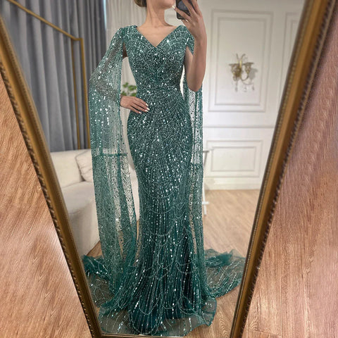 Luxury White Feather Evening Dress with Cape Sleeves LA72160