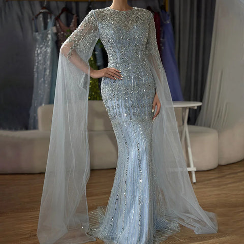 2025 Saudi Arabia Caramel Mermaid Elegant Cape Sleeve Luxury Beaded Evening Gown for Formal Occasion LA72775