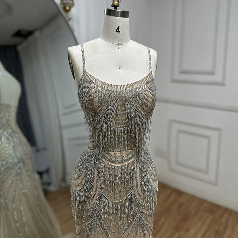2025 Silver Nude Spaghetti Strap Mermaid Evening Dress Gown with Luxury Beaded Tassels for Formal Occasion LA72772
