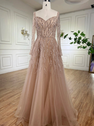Arabic Luxury Beaded Handmade Feathers Evening Dress 2025 LA71468