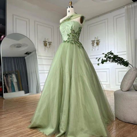 2025 Sage Green Elegant One-Shoulder A-Line Appliques Long Arabic Evening Gown for Formal Occasion LA72783