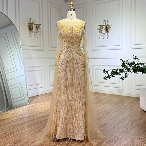 Luxury Lilac Feathers Evening Dresses with Cape Sleeves LA72036