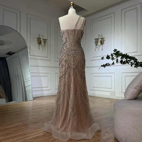 Elegant Nude One Shoulder Beaded Evening Dresses Gowns for Formal Occasion 2025 LA72791