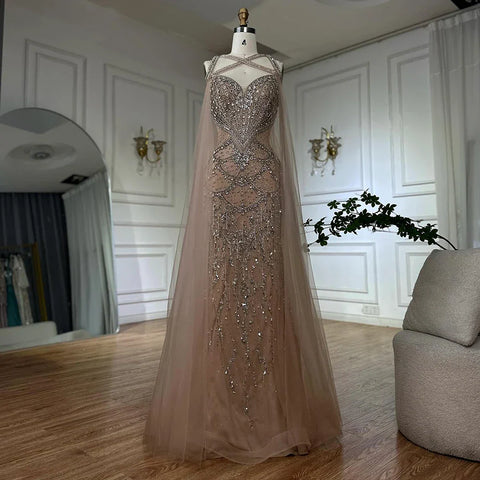 2025 Nude Cape Sleeves Beaded Crystal Arabic Evening Dresses Gowns For Women Wedding Party LA72806