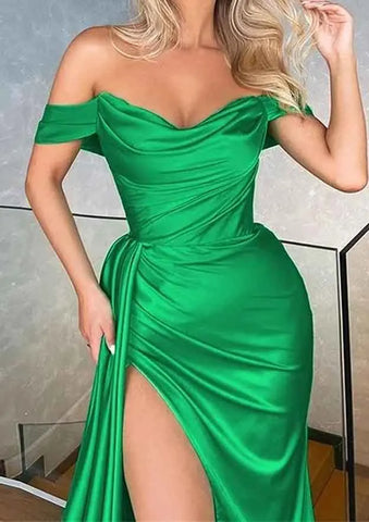 2025 Arabic Green Mermaid Off-the-Shoulder Sleeveless Floor-Length Charmeuse Prom Dress With Pleated for Women's Party LA72691