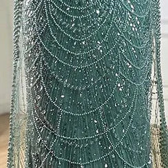 2025 Saudi Arabic Turquoise Mermaid Evening Dress With Pearls Beaded Cape Sleeves For Formal Occasion LA72590A