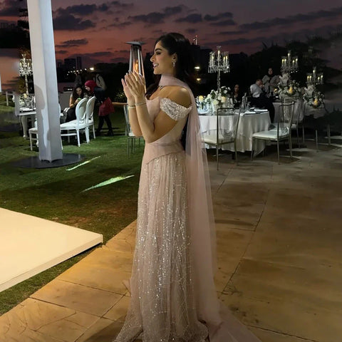 Off Shoulder Beaded A-Line Evening Dress Gown with Corset LA72922