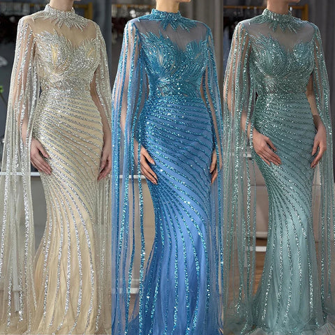 2025 Arabic Nude Mermaid Cape Sleeves Lace Beaded Long Evening Dresses Gowns for Formal Occasion LA71885B