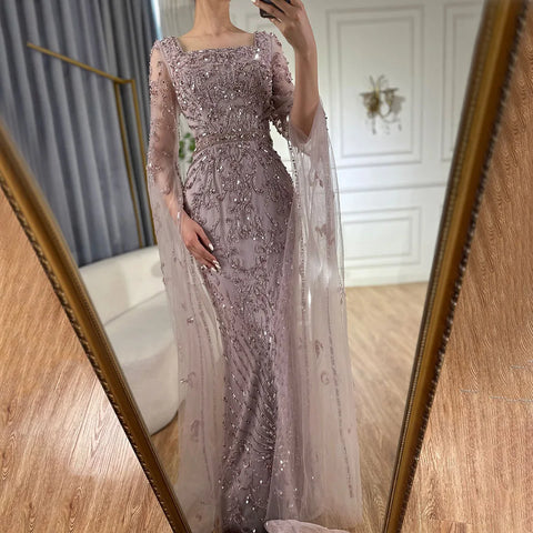 Luxury Arabic Turquoise Evening Dress with Cape Sleeves LA72400