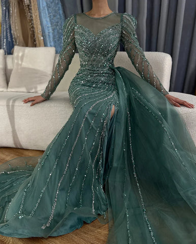 2025 Arabic Turquoise Mermaid Split Beaded Luxury Dubai Long Evening Dresses Gowns for Women Wedding Party LA72448