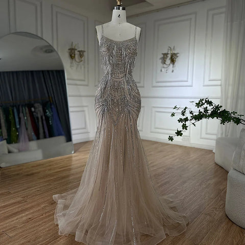 2025 Silver Nude Spaghetti Strap Mermaid Evening Dress Gown with Luxury Beaded Tassels for Formal Occasion LA72772