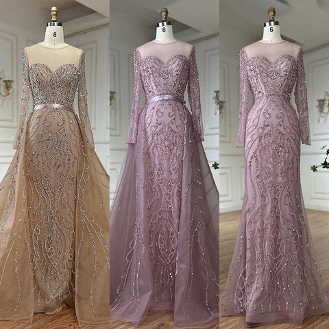 2025 Pink Beaded Saudi Arabic Mermaid Evening Gown with Sheer Long Sleeves for Formal Occasion LA72875