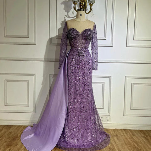 Purple Mermaid Elegant With Overskirt Luxury Pearls Beaded Evening Dresses Gowns for Women Wedding Party LA72429