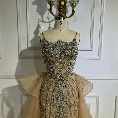 2025 Nude Saudi Beaded Spaghetti Strap Evening Dresses Gowns with Overskirt for Formal Occasion LA72810