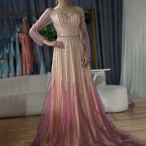 2025 Arabic Purple Elegant A-Line Beaded Long Evening Dresses Gowns for Formal Occasion LA72752