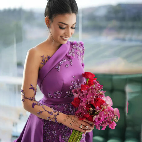 Arabic Purple Mermaid Satin Lace Beaded Luxury Dubai Evening Dresses Gowns 2025 Elegant For Women Party LA72179