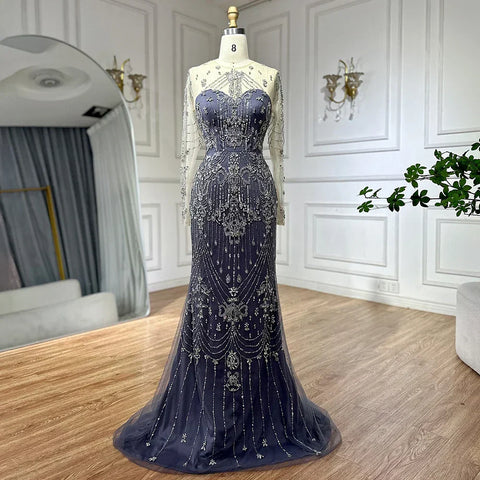 Luxury Beaded Blue Long Sleeves Evening Dresses with Overskirt  LA72757