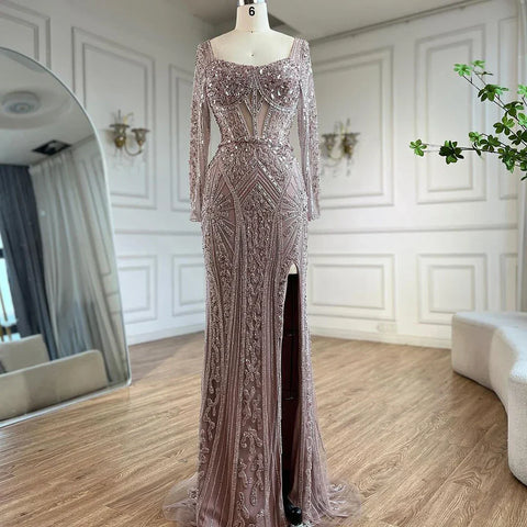2025 Women Wedding Parties Dubai Arabia Luxury Beaded Evening Dresses Gowns Green Elegant Split Mermaid LA72518
