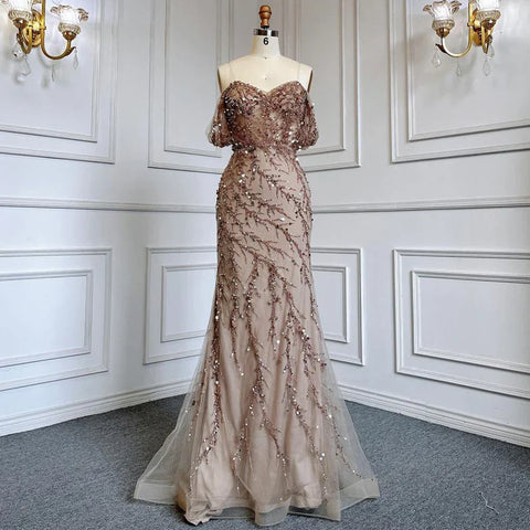 Robe de soirée sirène rose luxueuse, élégante, épaules dénudées, perles, pour femme, LA71653, 2025 