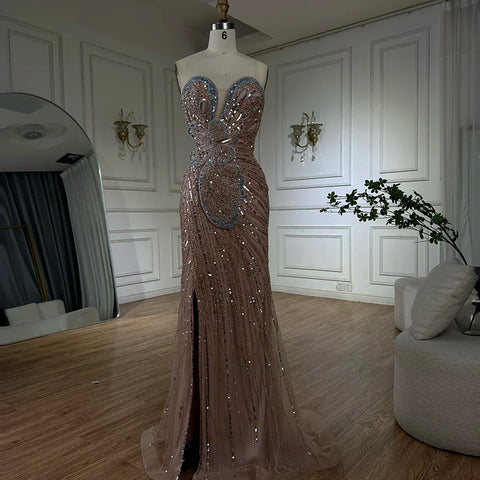 2025 Saudi Arabic Pink Strapless Mermaid Evening Dress with High Split for Formal Occasion LA72480