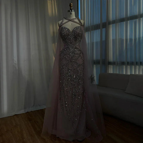 2025 Nude Cape Sleeves Beaded Crystal Arabic Evening Dresses Gowns For Women Wedding Party LA72806