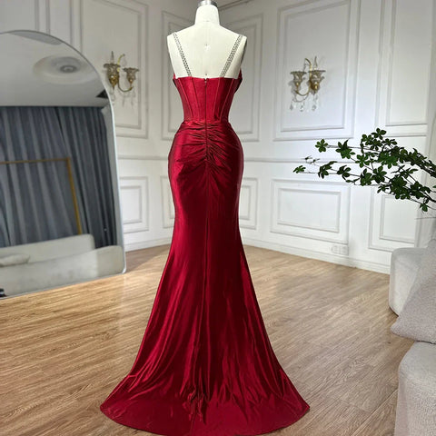 2025 Saudi Arabic Spaghetti Strap Wine Red Satin Evening Dress with High Slit for Formal Occasion LA72776