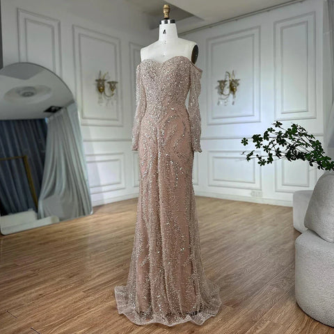 Vestidos de noche de lujo con cuentas, mangas largas con hombros descubiertos y lentejuelas brillantes LA72824A