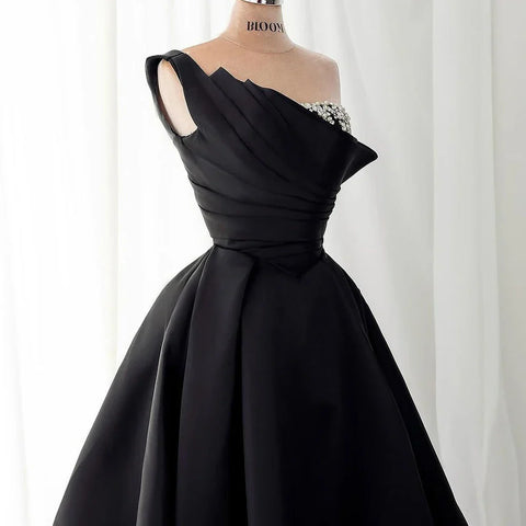 2025 Black One Shoulder Satin A Line Beaded Evening Gown with Sleevelets for Women's Party Saudi Dress LA72741