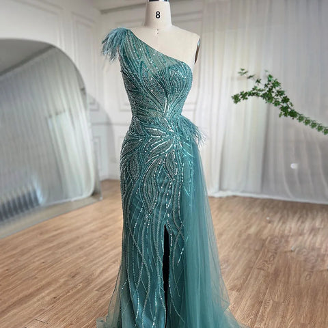 Turquoise Mermaid Sexy High Split With Skirt Beaded Feathers Evening Dresses Gowns 2025 For Women Party LA71955