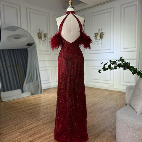 Silver Nude Strapless Mermaid Open Split Sexy Evening Dresses Luxury Beaded Tassel Party Gowns For Women LA72083