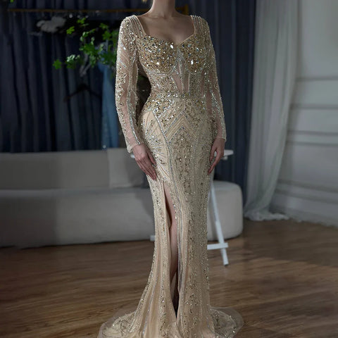 2025 Women Wedding Parties Dubai Arabia Luxury Beaded Evening Dresses Gowns Green Elegant Split Mermaid LA72518