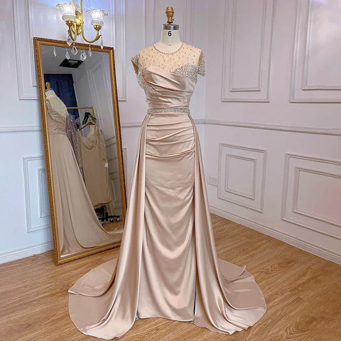 Arabic Nude Mermaid Elegant Satin With Overskirt Evening Dresses Gowns Luxury Beaded 2025 For Women Party LA71725